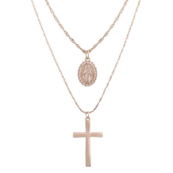 Unbranded Jewelry - Miraculous Medal Religious Cross Gold Alloy Necklace Set - 2 Piece